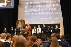 Susie Spratt Eco UNESCO speaking at the Dundalk Grammar School Biodiversity Green Flag Ceremony. Picture Ken Finegan/Newspics