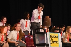 Jack Kieran as 'Bruce Bogtrotter' starts into eating the chocolate cake given by Principal Trunchbull in the Dundalk Grammar Junior School's production of 'Matilda'. Photo: Ken Finegan/www.newspics.ie