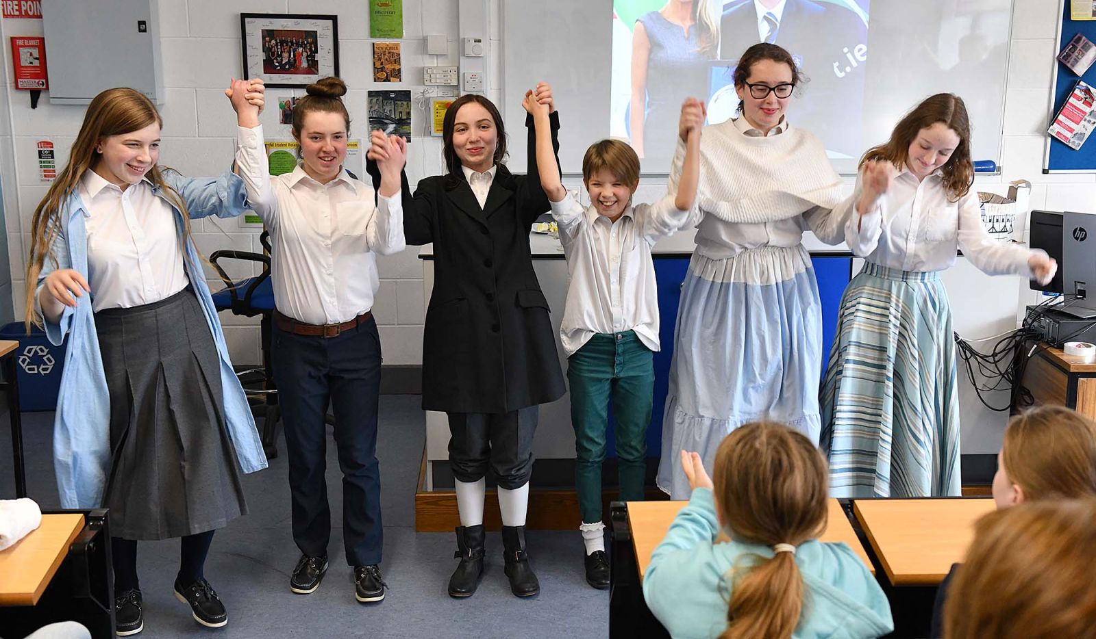 Take a Bow….Laia Rose Keogh, Maud Greene, Ava Simpson, Aisling McQuillan, Maeve McCauley and Aoibhín O’Neill who put on a short Shakespearean play, written by themselves at the Dundalk Grammar School Open Day. Picture Ken Finegan/Newspics