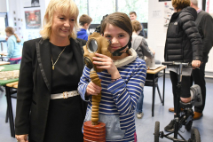 Niamh Connell wears a Gas Mask from the 2nd World War with teacher Olwyn Matthews at the Dundalk Grammar School Open Day. Picture Ken Finegan/Newspics