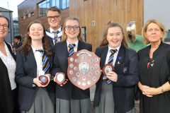 Primate's Award for Church Music  from guest speaker Senator Marie-Louise O'Donnell, Principal Jonathan Graham and teacher Pamela O'Connor-Moneley at the Dundalk Grammar School annual prize giving ceremony. Picture: Ken Finegan