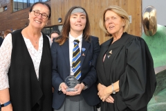 Winner of the Valerie Meagher award for performing arts receives her trophy from guest speaker Senator Marie-Louise O'Donnell and teacher Pamela O'Connor-Moneley at the Dundalk Grammar School annual prize giving ceremony. Picture: Ken Finegan