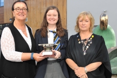 Winner of the Alan Gray award for history receives her trophy from guest speaker Senator Marie-Louise O'Donnell and teacher Olwen Matthews at the Dundalk Grammar School annual prize giving ceremony. Picture: Ken Finegan
