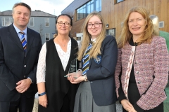 Winner of the Irene Reburn award for mathematics receives her trophy from guest speaker Senator Marie-Louise O'Donnell Board of Governor members Tristan Swan and Alison Bothwell, Chairperson at the Dundalk Grammar School annual prize giving ceremony. Picture: Ken Finegan