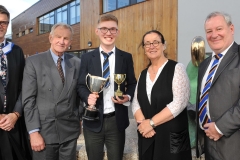 Winner of the White Cup receives his trophy from guest speaker Senator Marie-Louise O'Donnell, Principal, Jonathan Graham, Charlie Treadwell, Board of Governors and Philip Keegan at the Dundalk Grammar School annual prize giving ceremony. Picture: Ken Finegan