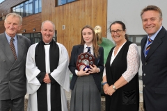 Winner of the Shirley McCullins Shield receives her award from guest speaker Senator Marie-Louise O'Donnell, Charlie Treadwell and Tristan Swan, Board of Governors and Rev. Geoffrey Wlamsley at the Dundalk Grammar School annual prize giving ceremony. Picture: Ken Finegan