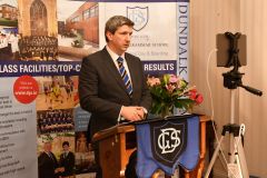 Chairman of the Board of Governors, Graeme Treadwell addresses the students via Zoom at the Dundalk Grammar School’s Annual Prize Giving Ceremony. Picture Ken Finegan/Newspics