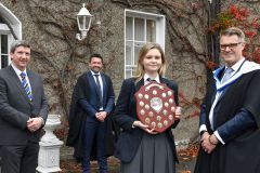 Emma , winner of the Primate’s Award for Music receives her award from Jonathan Graham, Principal, Enda Murphy, Deputy Principal and Graeme Treadwell, Chairman of the Board of Governors at the Dundalk Grammar School’s Annual Prize Giving Ceremony. Picture Ken Finegan/Newspics