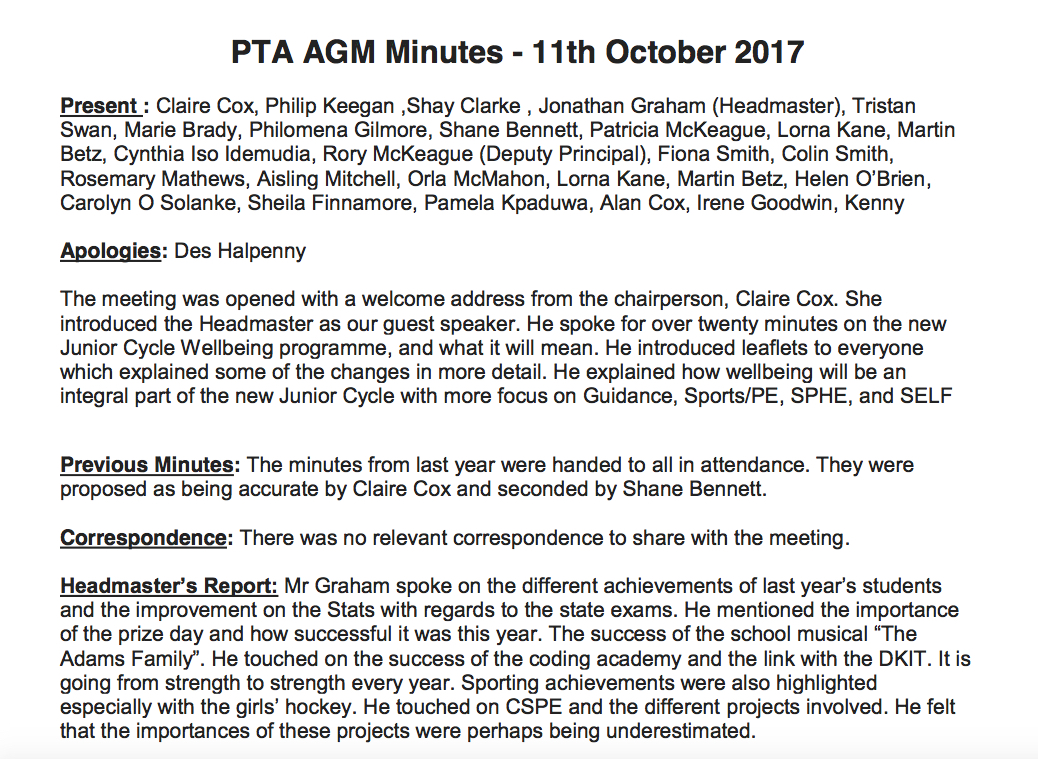 PTA AGM Minutes October 2017 Dundalk Grammar School